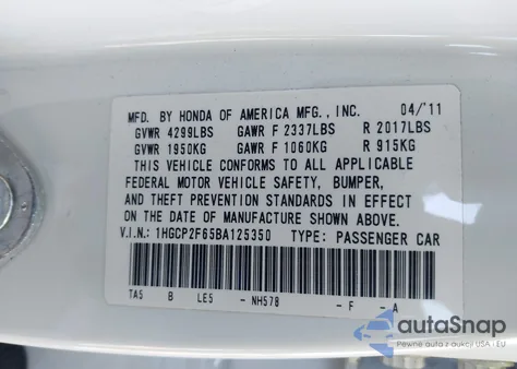 2011 Honda Accord 2.4 Se from USA, damaged, VIN 1HGCP2F65BA125350